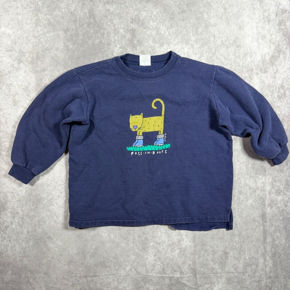 Vintage Mulberribush Kids Navy Puss In Boots Cat Sweatshirt S 5 Made in USA 90s